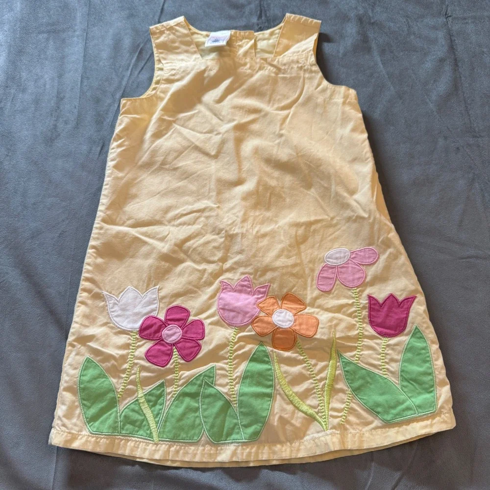 Vtg Old Navy Toddler Girl Floral Applique Dress 3T Yellow Sleeveless Cottagecore